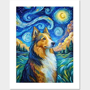 Adorable Shetland Sheepdog Dog Breed Painting in a Van Gogh Starry Night Art Style Posters and Art